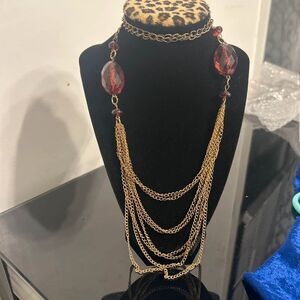 Gold Tone Multi-Strand Red Beaded Statement Necklace